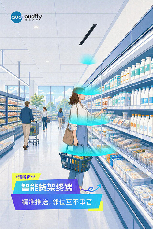 清听声学定向发声技术应用于智能货架终端，实现商品语音精准导购，互不串音