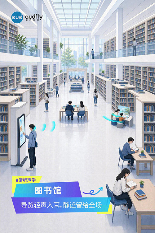 清听声学定向发声技术应用于图书馆导览系统，实现精准语音导引，不影响阅读环境