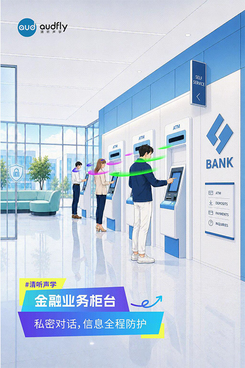 清听声学定向发声技术应用于银行金融柜台，实现一对一精准传音，保障业务交流隐私
