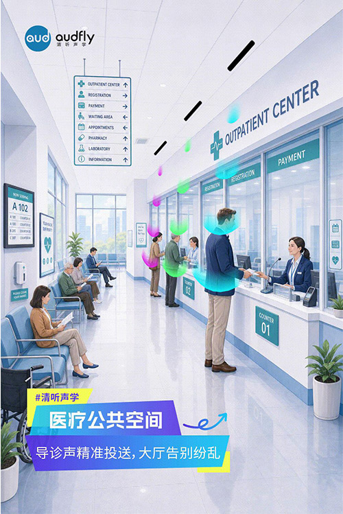 清听声学定向发声技术应用于医院公共空间，实现精准导诊，营造安静舒适的就诊环境